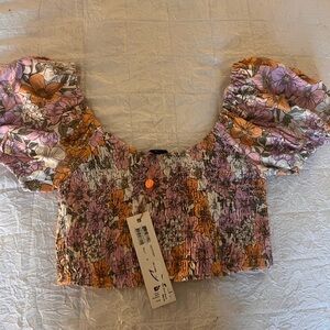 MINKPINK Floral Puff Sleeve Crop Top - Orange, Purple, White